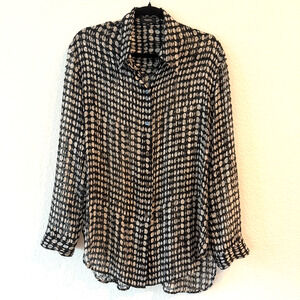 Theory Sheer Silk Clip Jacquard Polka Dot Blouse Shirt M Black White Designer